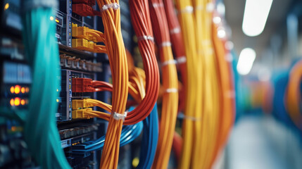 vibrant data center with colorful cables and server connections