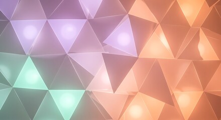 Obraz premium Abstract geometric faceted triangular pattern with glowing colorful lights in a vibrant gradient, concept for digital technology, futuristic design and modern branding