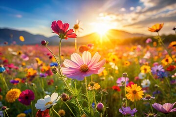 Vibrant Flower Meadow with Flying Petals - Spring Bloom Background