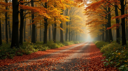 Serene Forest Pathway with Autumn Foliage