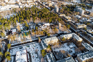 Mid-rise urban development on a winter day, view of a small provincial town from the air