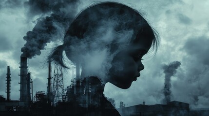 Creepy child face smoke billows industrial scene focus on details copy space intense color contrasts double exposure silhouette with dark industry.
