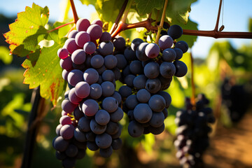 Obraz premium Bunch of grapes with a leaf on top. The grapes are purple and the leaf is green
