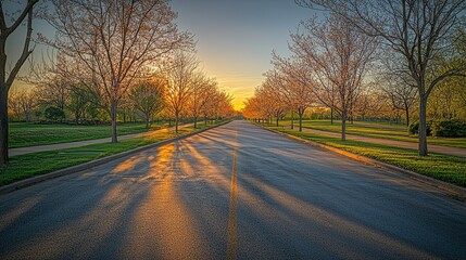 Fototapeta premium Sunset illuminates a tree lined road at dusk