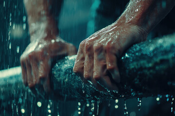 Fototapeta premium Strong hands gripping a wet rope during an intense workout session.