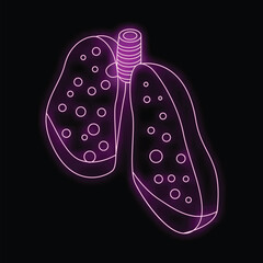 Purple glowing neon illustration of unhealthy human lungs on a black background