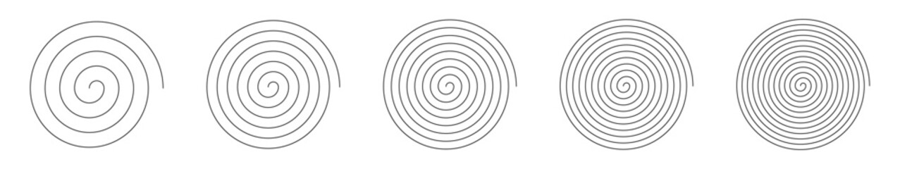 Set of thin line spirals. Line in circle form. Thin black spiral symbol. Spiral, swirl, twirl, volute design element with thin lines.