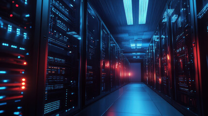 Fototapeta premium wide angle view of data center with illuminated server racks, showcasing technology and power