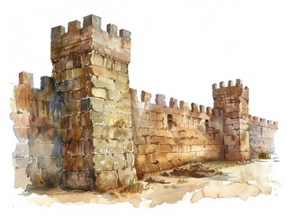 Watercolor clipart of ancient city walls detailed stones and ramparts