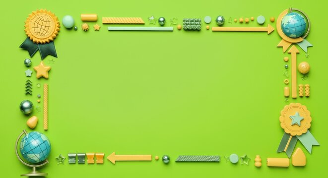 Colorful decorative border with geometric and global theme on green background