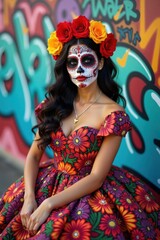 A person dressed in a traditional The Day of the Dead costume stands confidently against a solid background. Their face is painted like a sugar skull, showcasing vibrant colors.