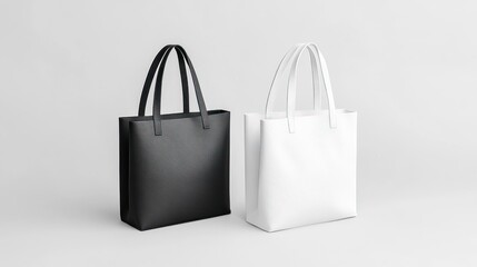 Two black and white tote bags displayed on a white background with a mockup design for branding and advertising purposes