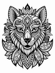 Animal Face Mandala Coloring Page for Adults, black and white, black line art, Isolated on white background