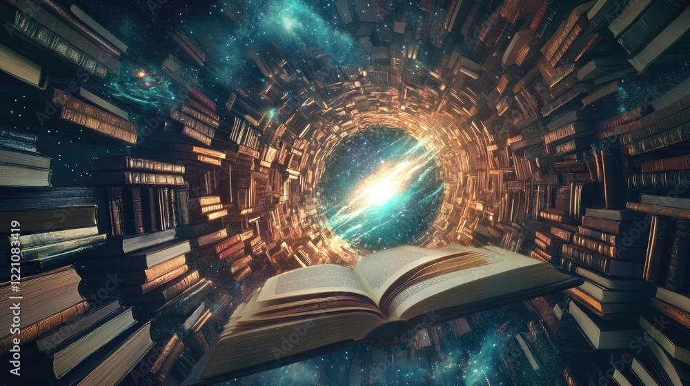 Poster A surreal library with books floating into a radiant portal in space, illustrating the transcendence of knowledge and learning.