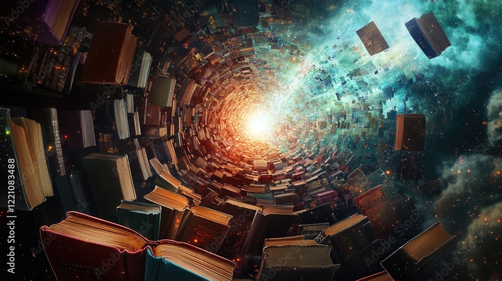 Poster A surreal library with books floating into a radiant portal in space, illustrating the transcendence of knowledge and learning.