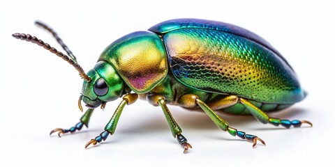 Fototapeta premium Vibrant Green Mint Leaf Beetle on White Background - Macro Stock Photo