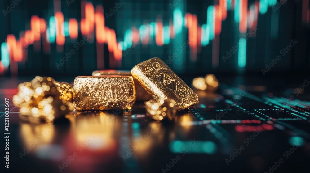 Aufkleber a table with gleaming gold bars, set against a stock market diagram showing upward trends in financi