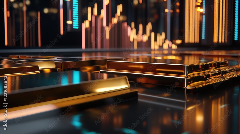 Aufkleber a table with gleaming gold bars, set against a stock market diagram showing upward trends in financi