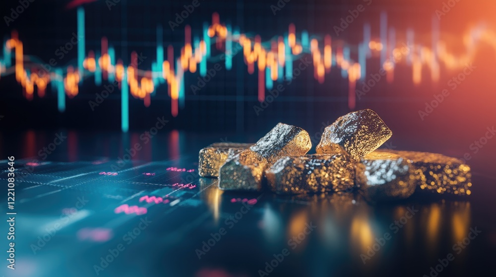 Aufkleber a table with gleaming gold bars, set against a stock market diagram showing upward trends in financi