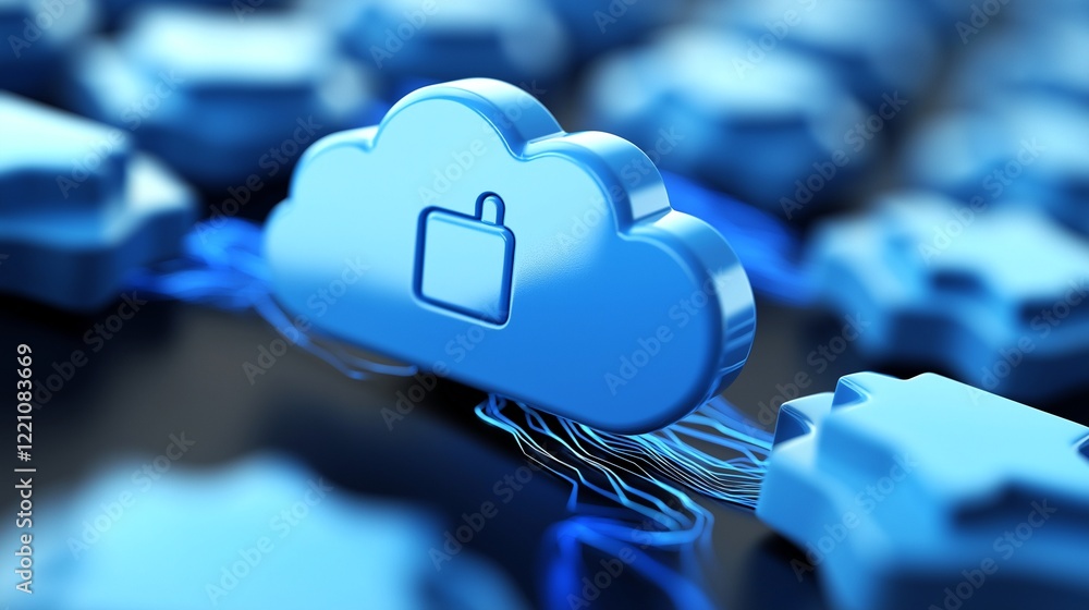 Poster a 3d rendering of a blue cloud icon with a padlock, symbolizing data security and cloud storage, sur