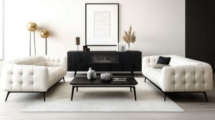 Modern Living Room with White Sofas and Dark Cabinet
