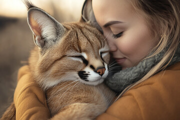 A woman warmly embraces a Caracal, showcasing a unique bond between humans and wildlife