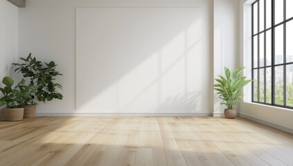 Minimalist Room Interior Design: Sunlight Streaming Through Large Window, Plants, Light Wood Floor, White Walls, Empty Space