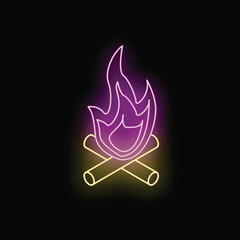 Neon sign representing a campfire burning with bright purple and yellow flames, on a black background