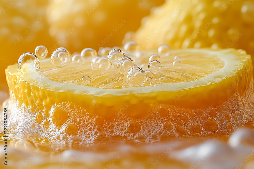 Aufkleber slice of lemon is floating in a bathtub filled with bubbles. the bubbles are all over the lemon, mak