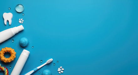 Oral hygiene concept with toothbrush, dental toys on blue background