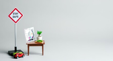 Miniature setup with "Stay Safe" sign, toy cars, and plant on table