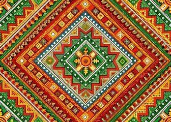 Vibrant Indian Tribal Fabric: Modern Geometric Ethnic Orange Green White Pattern Design