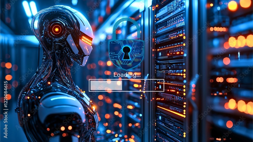 Poster a futuristic robot stands guard before a server rack, its glowing eyes fixed on a secure login scree