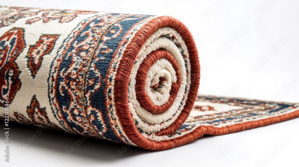 Poster a traditional rolled rug with bright, intricate patterns displayed against a minimalist white backdr