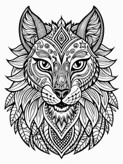 Animal Face Mandala Coloring Page for Adults, black and white, black line art, Isolated on white background