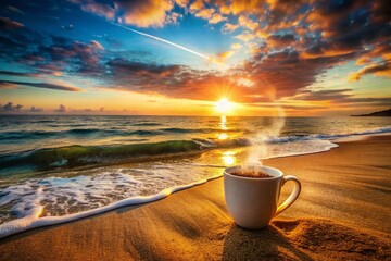 Warm Summer Sun: Double Exposure of Ocean and Morning Coffee