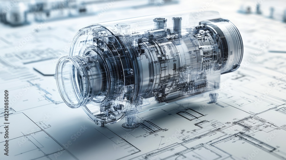 Poster A transparent engine overlaid on technical engineering drawings, symbolizing the fusion of innovation and advanced development in engineering.