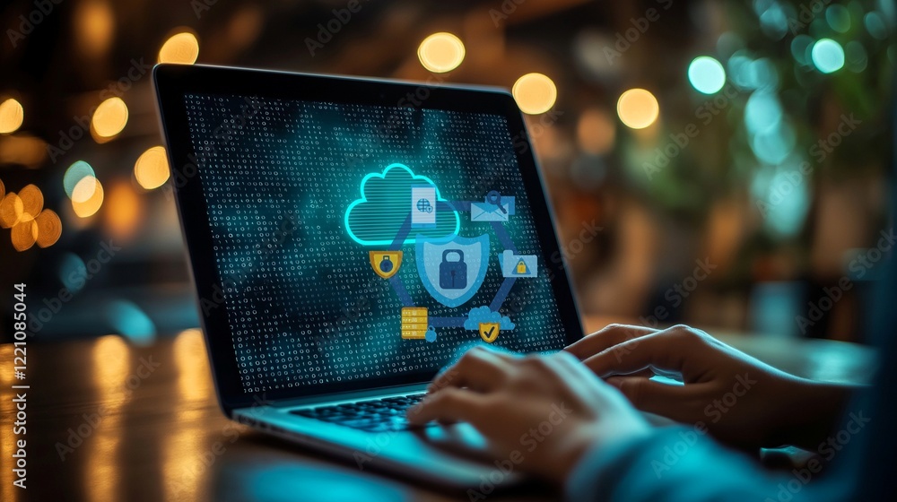 Poster cyber security in the cloud: a close-up of hands typing on a laptop with a digital illustration of a