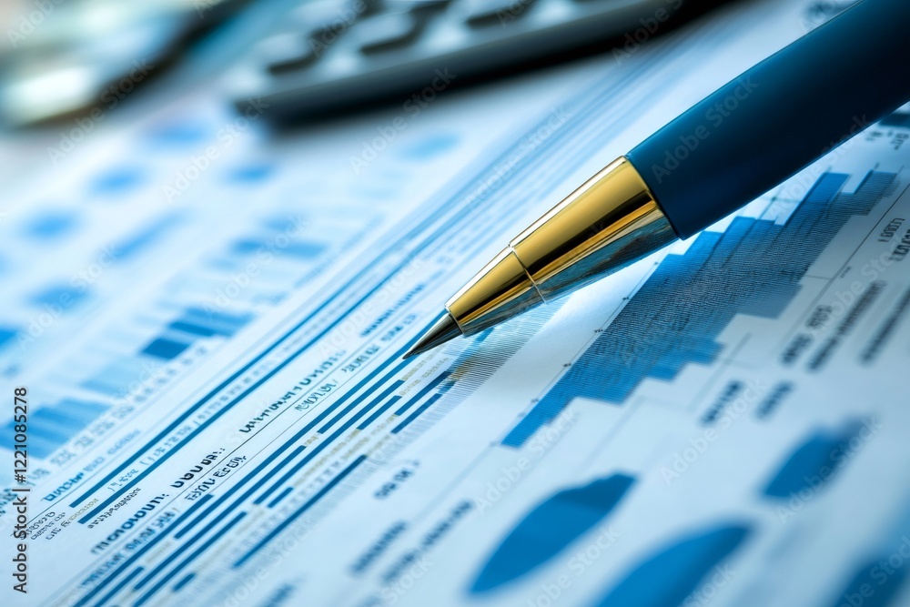 Poster close up of pen analyzing financial charts and reports with calculator