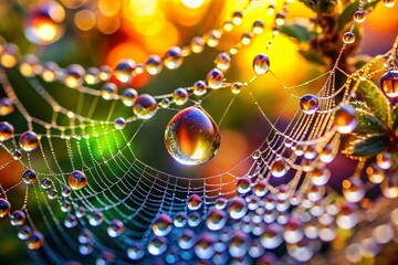 Vibrant Macro Dewdrop on Spiderweb, Nature Close-up, Water Droplet, Morning Dew, Gossamer Thread