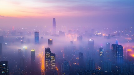 Fototapeta premium Dense smog covering a futuristic city skyline, vibrant neon lights piercing through the haze, [air quality], [urban pollution].