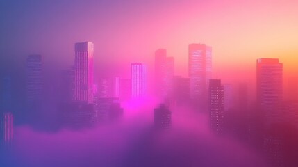 Fototapeta premium Dense smog covering a futuristic city skyline, vibrant neon lights piercing through the haze, [air quality], [urban pollution].