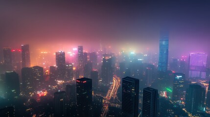 Fototapeta premium Dense smog covering a futuristic city skyline, vibrant neon lights piercing through the haze, [air quality], [urban pollution].