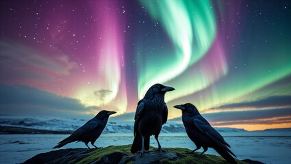Ten Crows Observing Spectacular Northern Lights Outdoors