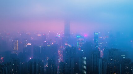 Fototapeta premium Dense smog covering a futuristic city skyline, vibrant neon lights piercing through the haze, [air quality], [urban pollution].