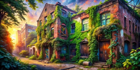 Fototapeta premium Watercolor Urban Exploration: Abandoned Building, Grungy Textures, Artistic Graffiti