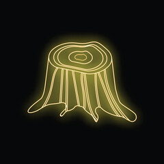 Yellow neon sign illustrating a tree stump with visible tree rings, glowing on a black background