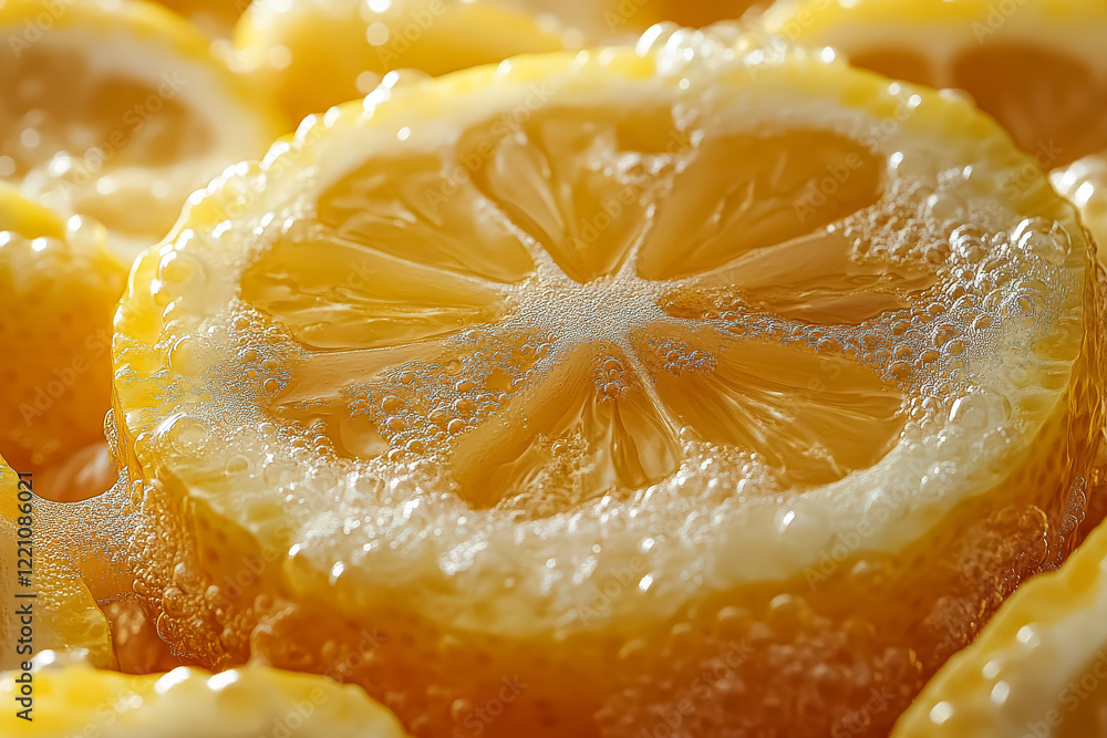 Poster close up of a lemon with bubbles in it. the bubbles are in the center of the lemon and are surrounde