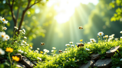 A serene forest scene with sunlight filtering through trees, lush greenery, and a multitude of flowers, showcasing ecological harmony and sustainability.