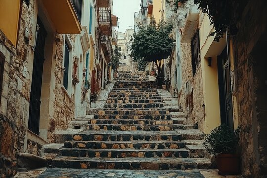 Narrow cobblestone staircase in a rustic village alley, flanked by aged stone walls and potted plants, evoking a serene, historic, and charming old-world atmosphere. - Powered by Adobe
